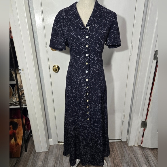 Vintage David Warren New York Button Down Midi Dress Navy Polka Dot Sz 8 - Picture 1 of 10